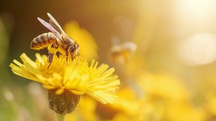 Naklejka premium Honeybee Gathering Pollen on a Bright Yellow Flower