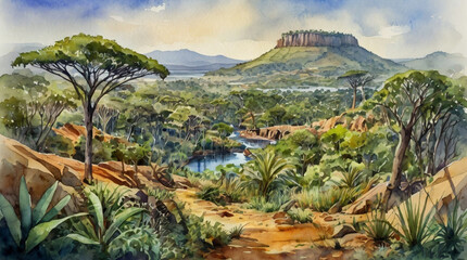 Fototapeta premium Watercolor painting: The mysterious and diverse ecosystem of Madagascar, home to many endemic species found nowhere else on Earth,