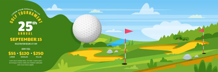 Fotobehang Groen Flying golf ball on green golf course background. Banner, poster, flyer design template. Spring or summer hills landscape with flags on lawn. Vector flat cartoon outdoor sport illustration  © Qualit Design