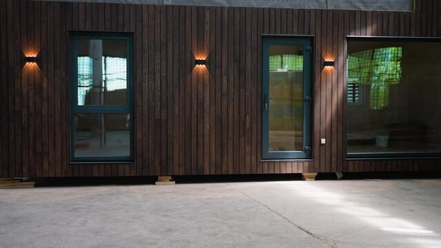 Prefabricated modular mobile wooden house at construction site