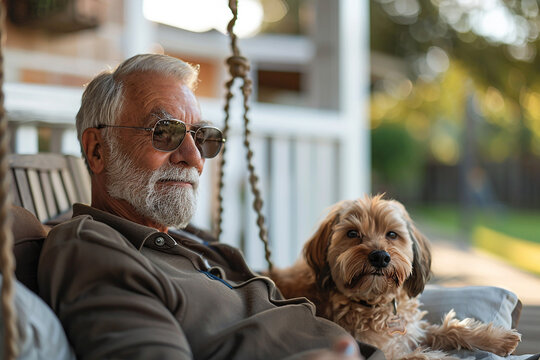 Cheerful senior man sitting on a porch swing with his dog, basking in the sun and enjoying peaceful retirement happiness - Powered by Adobe
