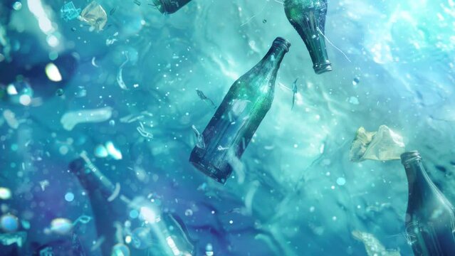 plastic bottles and trash floating in the open sea, anime style, cartoon