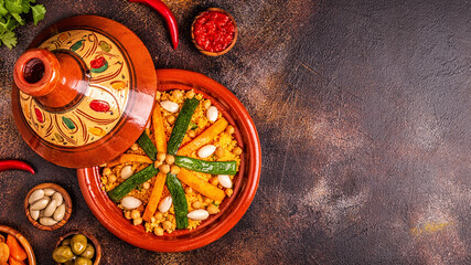 Vegetable tagine with almond and chickpea couscous