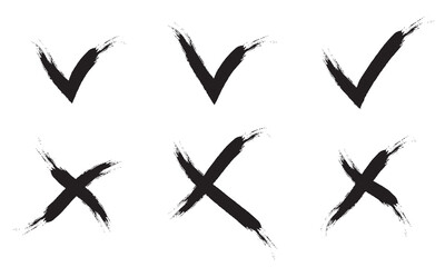 Hand drawn vector check mark and cross sign isolated on white background. Brush strokes
