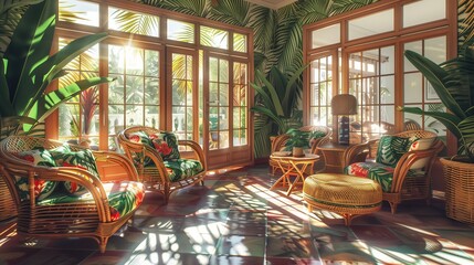 Naklejka premium A sunroom with a vibrant tropical theme, decorated with palm leaves, rattan furniture, and sunlight streaming through glass doors
