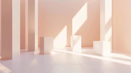 Obraz premium Architectural visualization of a minimalist space with columns and geometric shapes, bathed in warm sunrise or sunset light