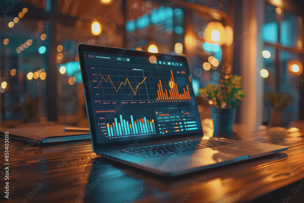 Poster a laptop on a table displays analytics and ai in a first-person perspective in a modern office.
