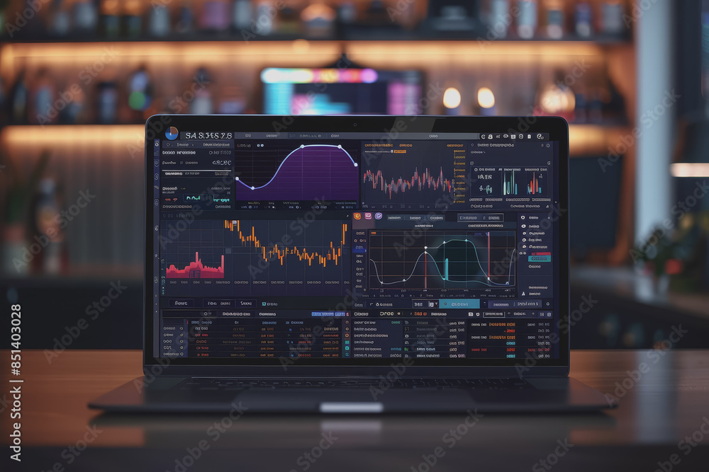 Poster a laptop on a table displays analytics and ai in a first-person perspective in a modern office.