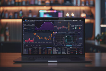 Fototapeta premium A laptop on a table displays analytics and AI in a first-person perspective in a modern office.