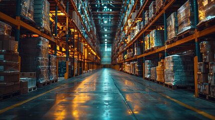 Fototapeta premium A modern warehouse with rows of shelves neatly stacked with boxes.