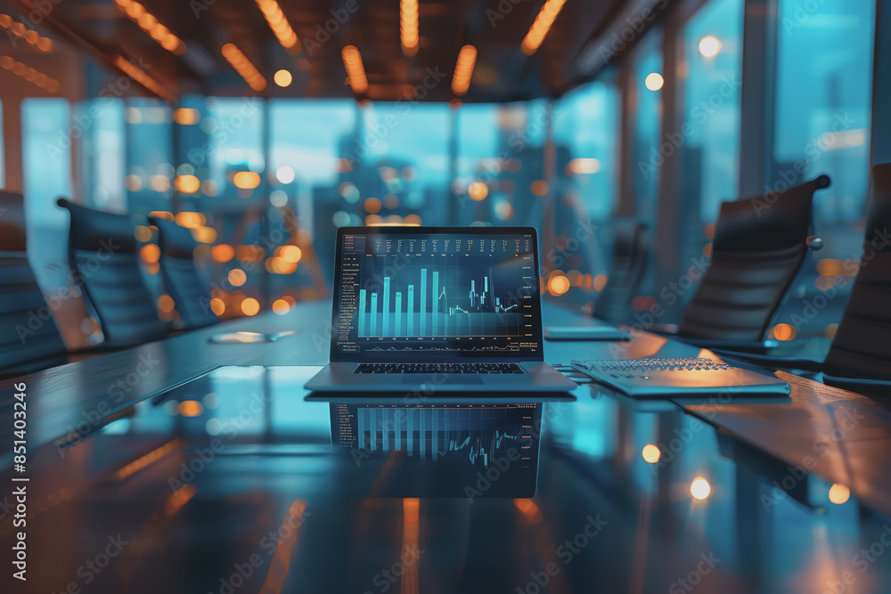 Aufkleber a laptop on a table displays analytics and ai in a first-person perspective in a modern office.
