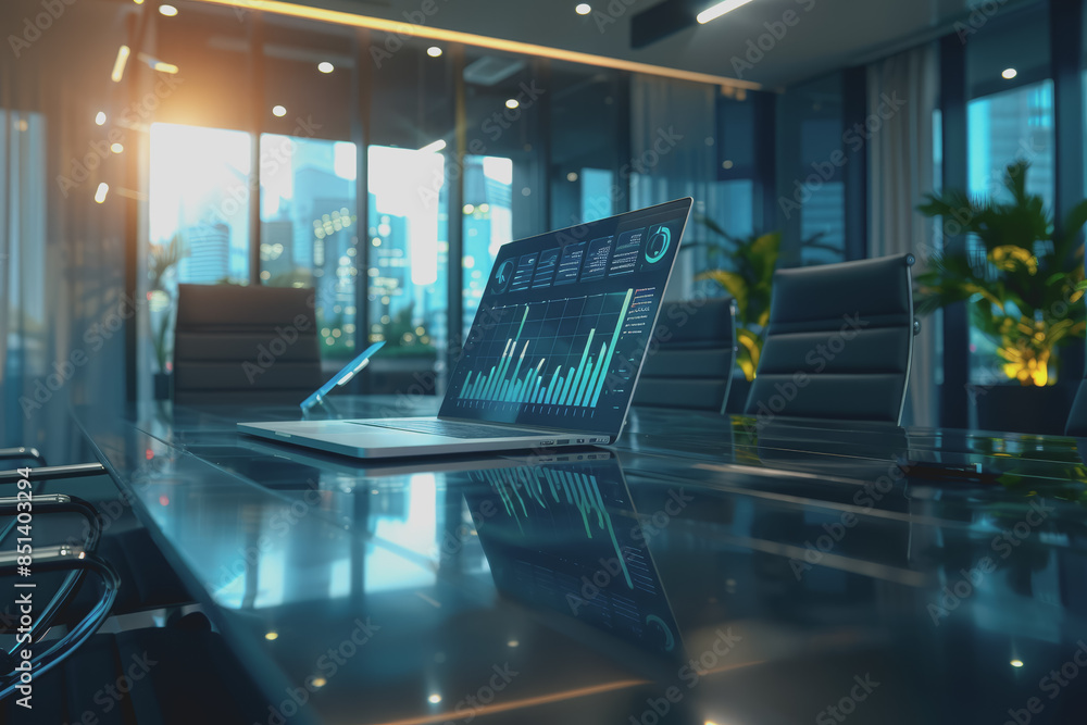 Poster a laptop on a table displays analytics and ai in a first-person perspective in a modern office.
