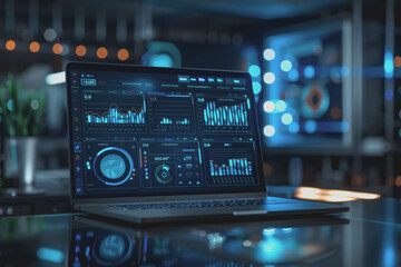 A laptop on a table displays analytics and AI in a first-person perspective in a modern office.