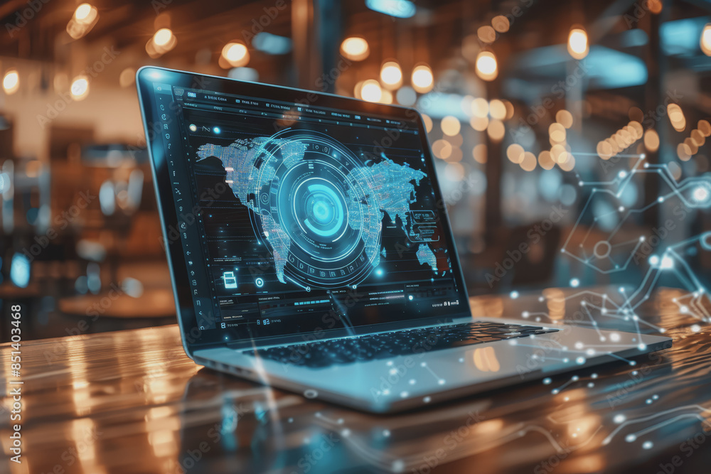 Poster a laptop on a table displays analytics and ai in a first-person perspective in a modern office.