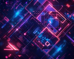 Obraz premium Vibrant neon glowing geometric shapes in a futuristic technology theme, abstract digital art background