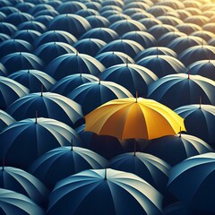 Obraz premium Yellow umbrella standing out among blue umbrellas.