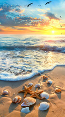 Starfish and shells on the beach at sunset.