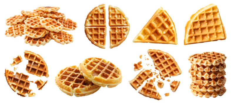 Round circle Waffle waffles wafel batter dessert on transparent cutout, PNG file. Many assorted different angles, stack, broken, pile, slice. Mockup template for artwork
