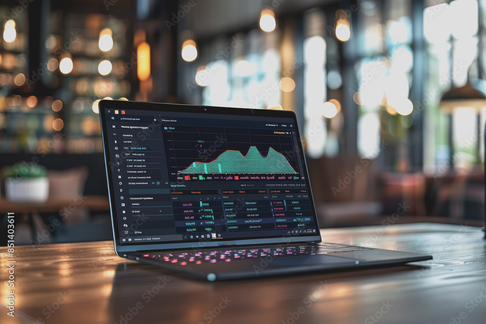 Poster a laptop on a table displays analytics and ai in a first-person perspective in a modern office.