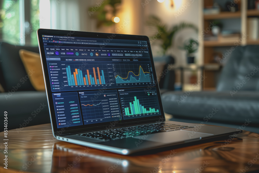 Poster a laptop on a table displays analytics and ai in a first-person perspective in a modern office.