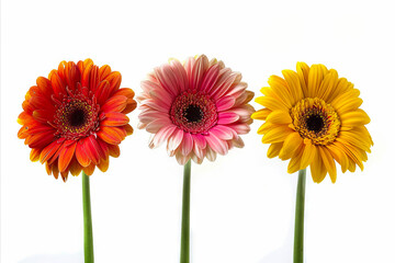 Three colorful daisies are shown against a white background.