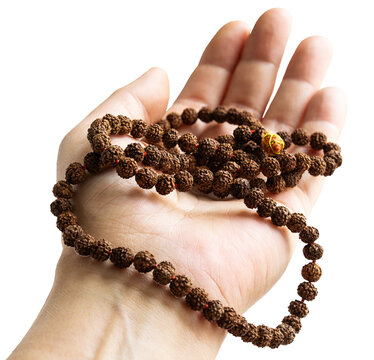 Woman's hand holding rudraksha beads rosary, isolated on PNG transparent background.
