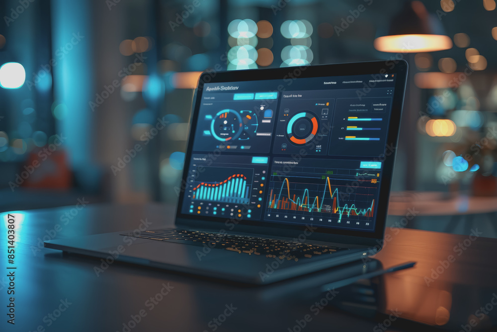 Poster a laptop on a table displays analytics and ai in a first-person perspective in a modern office.