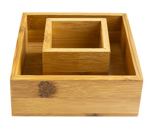 Empty wooden box inside a wooden box, drawer, isolated on PNG transparent background. Front view. Horizontal.