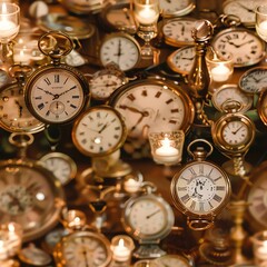 Antique pocket watches used as part of a wedding decor, arranged on a rustic table as elegant time-themed centerpieces