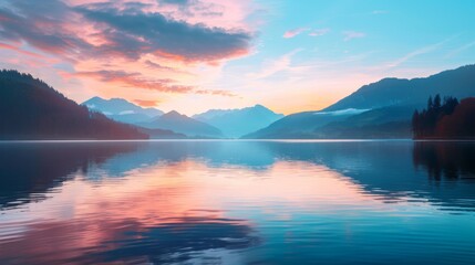 Scenic mountain lake at sunrise with vibrant colors reflecting in the calm water