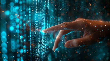 A human hand is shown touching glowing digital binary code, representing data interaction