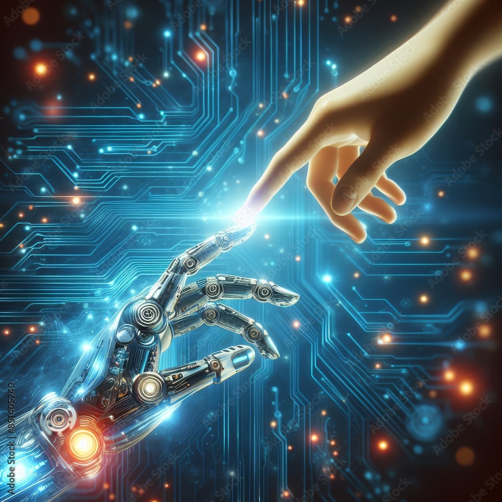 Poster a human hand reaches out to touch a robotic hand amidst a backdrop of glowing circuitry, symbolizing