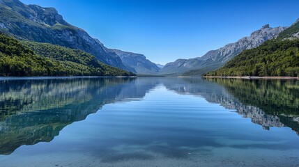 Abstract background of a serene mountain landscape with clear sky and reflections on the lake