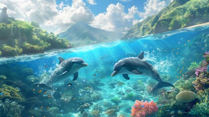 Obraz premium Two Dolphins Playing in a Tropical Paradise