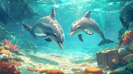 Obraz premium Dolphins Encountering a Lost Suitcase Underwater