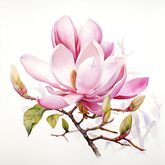 Pink Magnolia watercolor painting isolated on white background
