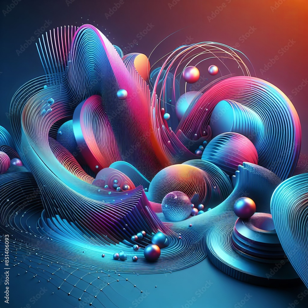 Poster stunning abstract 3d artwork featuring colorful flowing lines and spheres. the intricate composition