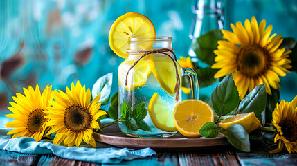 Lemons, sunflowers and a glass of water.