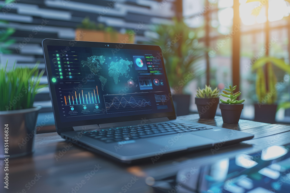 Poster a laptop on a table displays analytics and ai in a first-person perspective in a modern office.