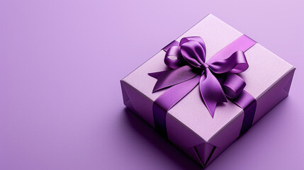 Fototapeta premium Purple gift box with satin purple ribbon and bow on a lilac background. Top view. Copy space area for product, text or logo