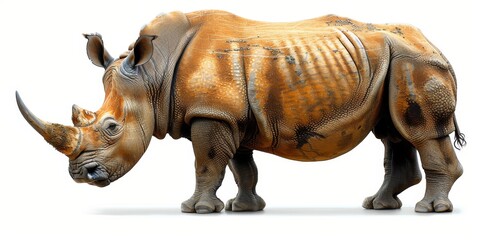 Adult rhino isolated on white background, showcasing African savanna fauna and endangered species