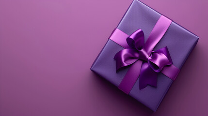Purple gift box with satin purple ribbon. Purple, lilac background, place for your text or product or logo, copy space area