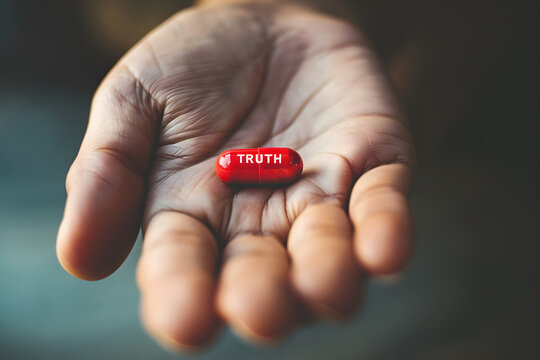 A red pill with the word truth written on it. The pill is being held in a person's hand, representing the choice of acceptance the real fact 