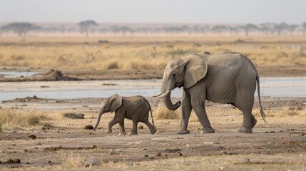 Fototapeta premium Elephant Family Walking Through Savanna