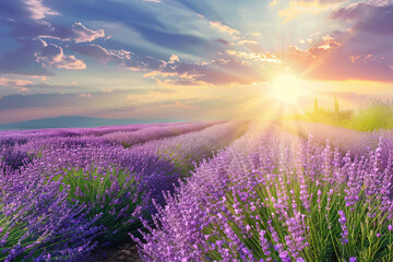 Naklejka premium Lavender rows lines at sunset iconic Provence fields landscape.