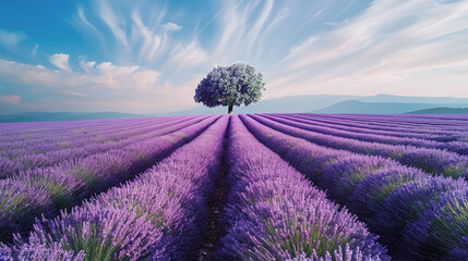 Obraz premium Lavender rows lines at iconic Provence fields landscape.