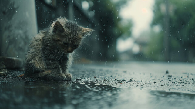 stray homeless cat sad abandoned hungry puppy sitting alone in the street under rain dirty wet lost dog outdoors pets adoption shelter rescue help for pets	