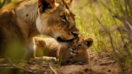 Fototapeta premium two lions, one adult and one cub, in a meadow, The adult lion is sitting and facing the cub