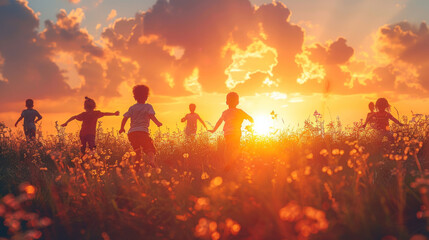 Fototapeta premium A beautiful silhouette of a multicultural group of children playing joyfully in an open field