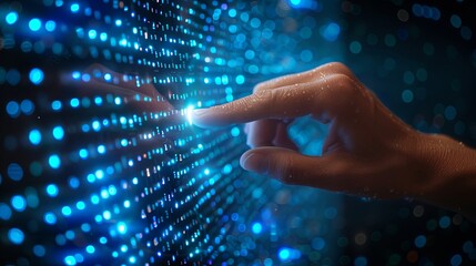 A human finger enters an immersive digital environment, engaging with a stream of light particles